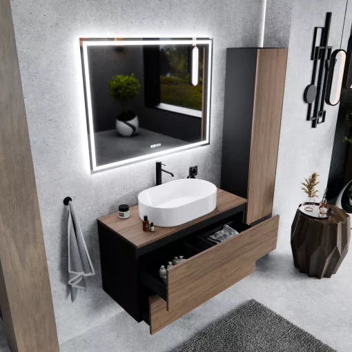 HD Zyra Pro Black-Oak 100 fali mosdószekrény, push-to-open mechanizmussal, oak mosdópulttal