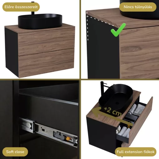HD Zyra Pro Black-Oak 100 fali mosdószekrény, push-to-open mechanizmussal, oak mosdópulttal