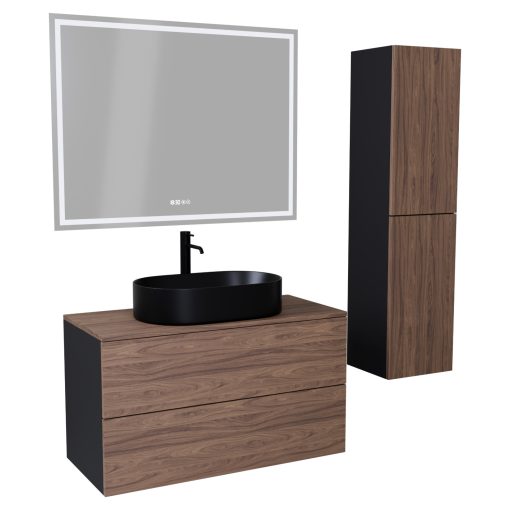 HD Zyra Pro Black-Oak 100 komplett fürdőszoba bútor szett fali push-to-open mosdószekrénnyel, oak mosdópulttal, tükörrel és magasszekrénnyel