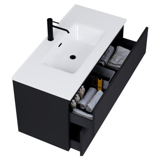 HD Aria Pro Black 100 fali mosdószekrény, push-to-open mechanizmussal, fényes fehér slim mosdóval