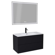 HD Aria Pro Black 100 komplett fürdőszoba bútor fali push-to-open mosdószekrénnyel, fényes fehér slim mosdóval és tükörrel