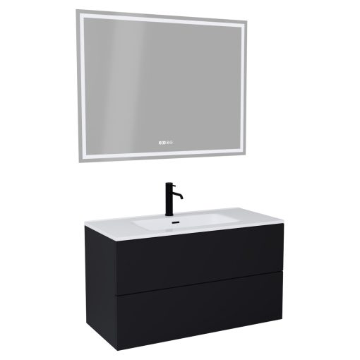 HD Aria Pro Black 100 komplett fürdőszoba bútor fali push-to-open mosdószekrénnyel, fényes fehér slim mosdóval és tükörrel