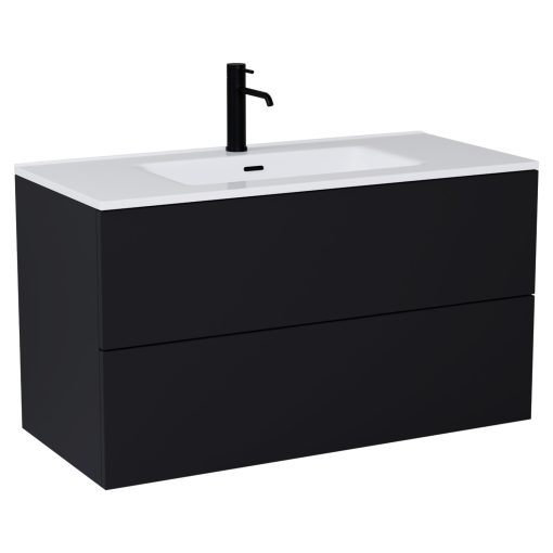 HD Aria Pro Black 100 komplett fürdőszoba bútor fali push-to-open mosdószekrénnyel, fényes fehér slim mosdóval és tükörrel