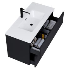 HD Aria Pro Black 100 komplett fürdőszoba bútor fali push-to-open mosdószekrénnyel, fényes fehér slim mosdóval és tükörrel