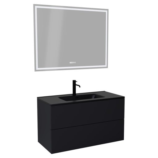 HD Aria Pro Black 100 komplett fürdőszoba bútor fali push-to-open mosdószekrénnyel, matt fekete slim mosdóval és tükörrel