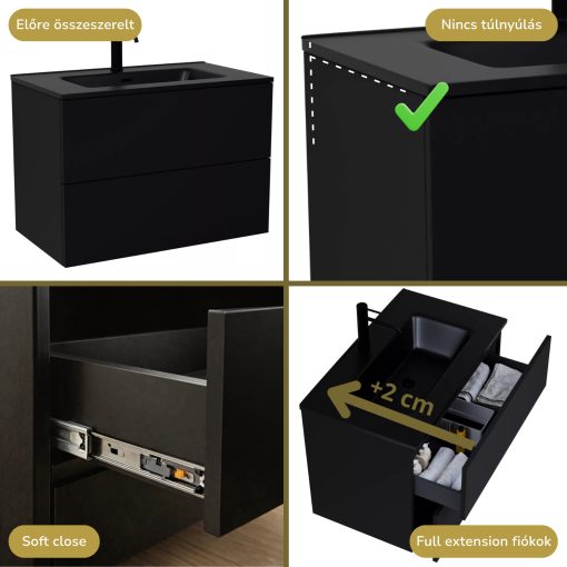 HD Aria Pro Black 100 komplett fürdőszoba bútor fali push-to-open mosdószekrénnyel, matt fekete slim mosdóval és tükörrel