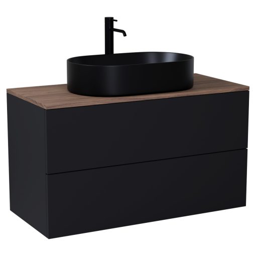 HD Zyra Pro Black 100 komplett fürdőszoba bútor fali push-to-open mosdószekrénnyel, tölgyfa színű mosdópulttal és tükörrel