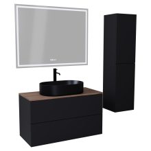 HD Zyra Pro Black 100 komplett fürdőszoba bútor szett fali push-to-open mosdószekrénnyel, tölgyfa színű mosdópulttal, tükörrel és magasszekrénnyel