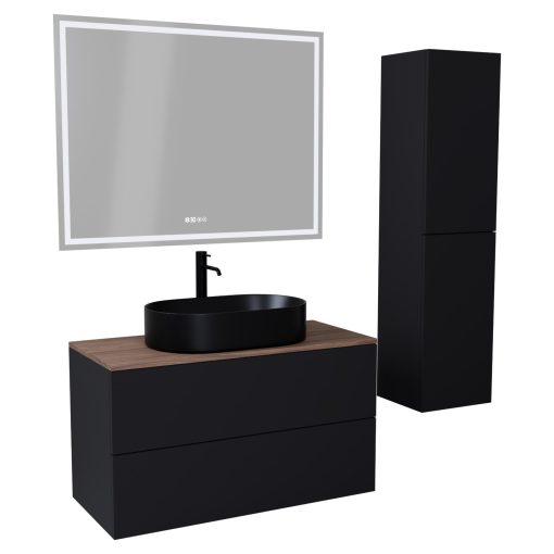 HD Zyra Pro Black 100 komplett fürdőszoba bútor szett fali push-to-open mosdószekrénnyel, tölgyfa színű mosdópulttal, tükörrel és magasszekrénnyel