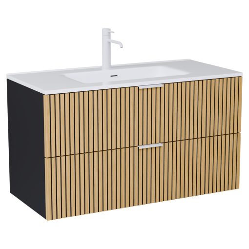 HD Parma Matt Black 100 komplett fürdőszoba bútor fali mosdószekrénnyel, matt fehér fogantyúkkal, fényes fehér slim mosdóval és tükörrel