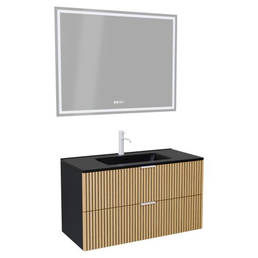 HD Parma Matt Black 100 komplett fürdőszoba bútor fali mosdószekrénnyel, matt fehér fogantyúkkal, matt fekete slim mosdóval és tükörrel