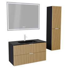 HD Parma Matt Black 100 komplett fürdőszoba bútor szett fali mosdószekrénnyel, matt fehér fogantyúkkal, matt fekete slim mosdóval, tükörrel és magasszekrénnyel