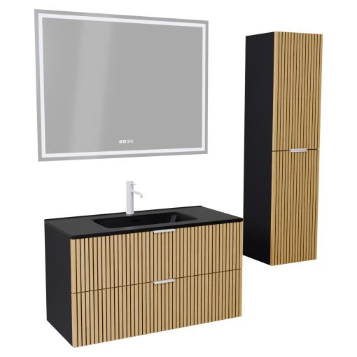 HD Parma Matt Black 100 komplett fürdőszoba bútor szett fali mosdószekrénnyel, matt fehér fogantyúkkal, matt fekete slim mosdóval, tükörrel és magasszekrénnyel