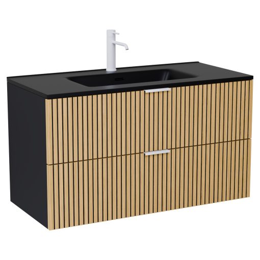 HD Parma Matt Black 100 komplett fürdőszoba bútor szett fali mosdószekrénnyel, matt fehér fogantyúkkal, matt fekete slim mosdóval, tükörrel és magasszekrénnyel