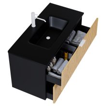 HD Parma Matt Black 100 komplett fürdőszoba bútor szett fali mosdószekrénnyel, matt fehér fogantyúkkal, matt fekete slim mosdóval, tükörrel és magasszekrénnyel