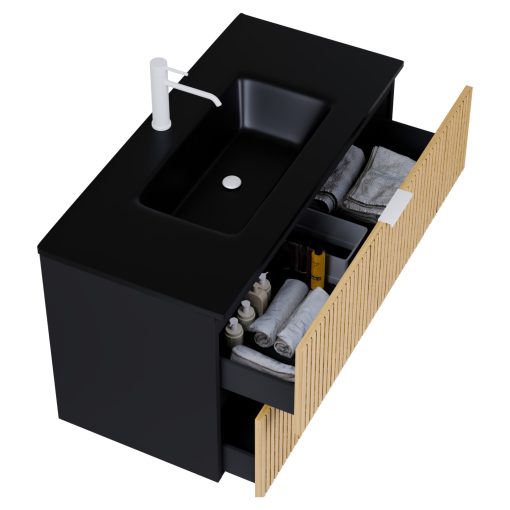 HD Parma Matt Black 100 komplett fürdőszoba bútor szett fali mosdószekrénnyel, matt fehér fogantyúkkal, matt fekete slim mosdóval, tükörrel és magasszekrénnyel