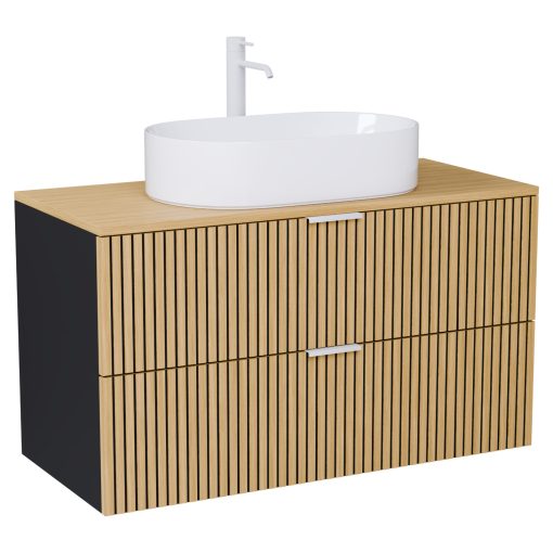 HD Palma Black 100 komplett fürdőszoba bútor szett fali mosdószekrénnyel, hikoridió színű mosdópulttal, matt fehér fogantyúkkal, tükörrel és magasszekrénnyel