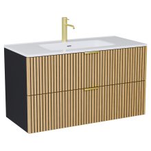 HD Parma Matt Black 100 komplett fürdőszoba bútor szett fali mosdószekrénnyel, szálcsiszolt arany fogantyúkkal, fényes fehér slim mosdóval, tükörrel és magasszekrénnyel