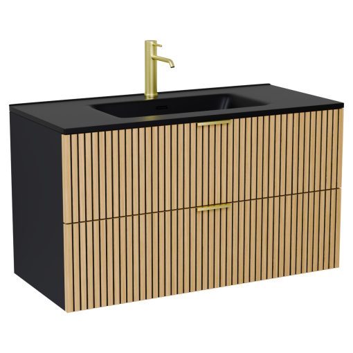 HD Parma Matt Black 100 fali mosdószekrény szálcsiszolt arany fogantyúkkal és matt fekete slim mosdóval