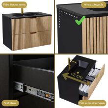 HD Parma Matt Black 100 fali mosdószekrény szálcsiszolt arany fogantyúkkal és matt fekete slim mosdóval