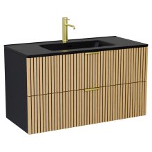 HD Parma Matt Black 100 komplett fürdőszoba bútor szett fali mosdószekrénnyel, szálcsiszolt arany fogantyúkkal, matt fekete slim mosdóval, tükörrel és magasszekrénnyel