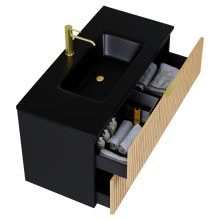 HD Parma Matt Black 100 komplett fürdőszoba bútor szett fali mosdószekrénnyel, szálcsiszolt arany fogantyúkkal, matt fekete slim mosdóval, tükörrel és magasszekrénnyel