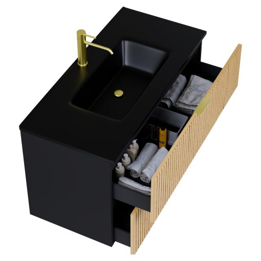 HD Parma Matt Black 100 komplett fürdőszoba bútor szett fali mosdószekrénnyel, szálcsiszolt arany fogantyúkkal, matt fekete slim mosdóval, tükörrel és magasszekrénnyel