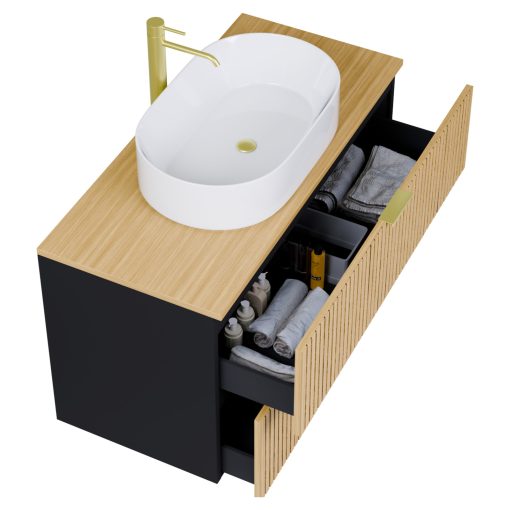 HD Palma Black 100 komplett fürdőszoba bútor fali mosdószekrénnyel, hikoridió színű mosdópulttal, szálcsiszolt arany fogantyúkkal és tükörrel