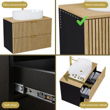 HD Palma Black 100 komplett fürdőszoba bútor fali mosdószekrénnyel, hikoridió színű mosdópulttal, szálcsiszolt arany fogantyúkkal és tükörrel