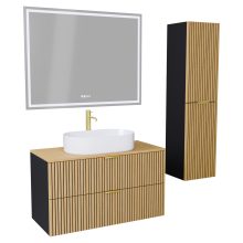 HD Palma Black 100 komplett fürdőszoba bútor szett fali mosdószekrénnyel, hikoridió színű mosdópulttal, szálcsiszolt arany fogantyúkkal, tükörrel és magasszekrénnyel