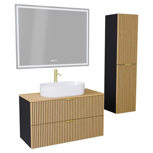 HD Palma Black 100 komplett fürdőszoba bútor szett fali mosdószekrénnyel, hikoridió színű mosdópulttal, szálcsiszolt arany fogantyúkkal, tükörrel és magasszekrénnyel