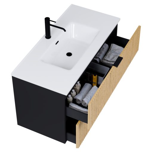 HD Parma Matt Black 100 fali mosdószekrény matt fekete fogantyúkkal és fényes fehér slim mosdóval