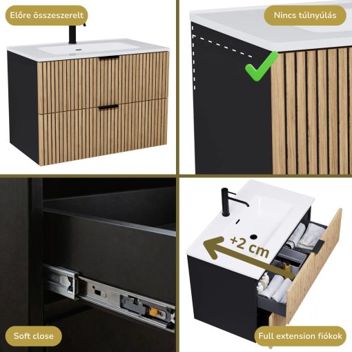 HD Parma Matt Black 100 fali mosdószekrény matt fekete fogantyúkkal és fényes fehér slim mosdóval