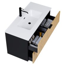 HD Parma Matt Black 100 komplett fürdőszoba bútor fali mosdószekrénnyel, matt fekete fogantyúkkal, fényes fehér slim mosdóval és tükörrel