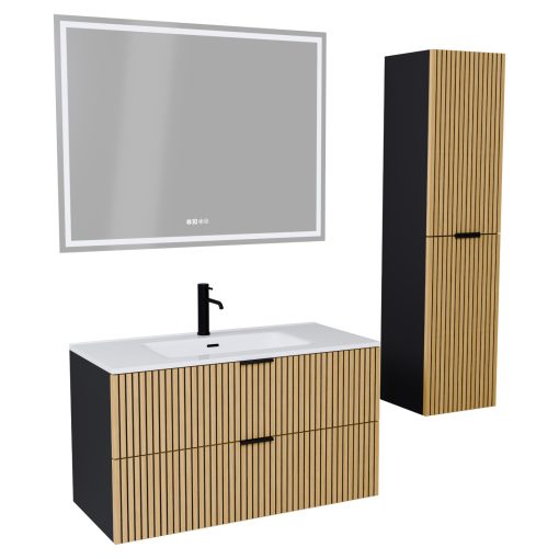 HD Parma Matt Black 100 komplett fürdőszoba bútor szett fali mosdószekrénnyel, matt fekete fogantyúkkal, fényes fehér slim mosdóval, tükörrel és magasszekrénnyel