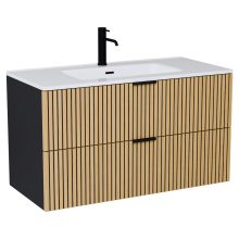 HD Parma Matt Black 100 komplett fürdőszoba bútor szett fali mosdószekrénnyel, matt fekete fogantyúkkal, fényes fehér slim mosdóval, tükörrel és magasszekrénnyel