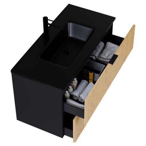 HD Parma Matt Black 100 komplett fürdőszoba bútor fali mosdószekrénnyel, matt fekete fogantyúkkal, matt fekete slim mosdóval és tükörrel