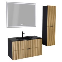 HD Parma Matt Black 100 komplett fürdőszoba bútor szett fali mosdószekrénnyel, matt fekete fogantyúkkal, matt fekete slim mosdóval, tükörrel és magasszekrénnyel