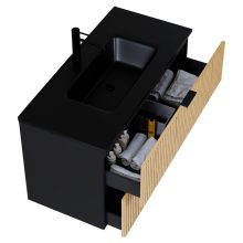 HD Parma Matt Black 100 komplett fürdőszoba bútor szett fali mosdószekrénnyel, matt fekete fogantyúkkal, matt fekete slim mosdóval, tükörrel és magasszekrénnyel