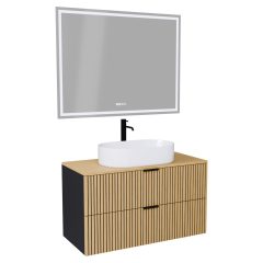   HD Palma Black 100/120 komplett fürdőszoba bútor fali mosdószekrénnyel, hikoridió színű mosdópulttal, matt fekete fogantyúkkal és tükörrel