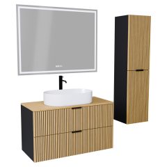   HD Palma Black 100 komplett fürdőszoba bútor szett fali mosdószekrénnyel, hikoridió színű mosdópulttal, matt fekete fogantyúkkal, tükörrel és magasszekrénnyel