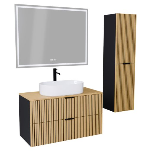 HD Palma Black 100 komplett fürdőszoba bútor szett fali mosdószekrénnyel, hikoridió színű mosdópulttal, matt fekete fogantyúkkal, tükörrel és magasszekrénnyel