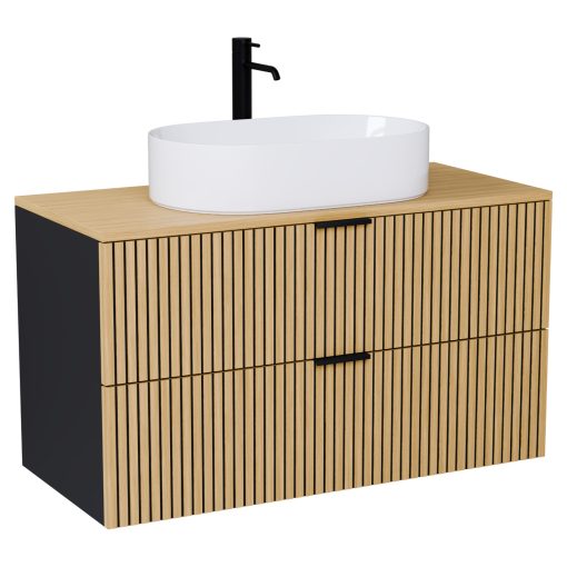 HD Palma Black 100 komplett fürdőszoba bútor szett fali mosdószekrénnyel, hikoridió színű mosdópulttal, matt fekete fogantyúkkal, tükörrel és magasszekrénnyel