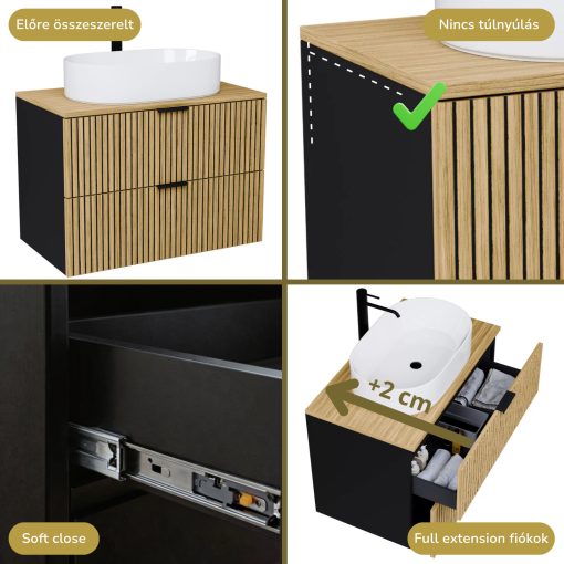 HD Palma Black 100 komplett fürdőszoba bútor szett fali mosdószekrénnyel, hikoridió színű mosdópulttal, matt fekete fogantyúkkal, tükörrel és magasszekrénnyel