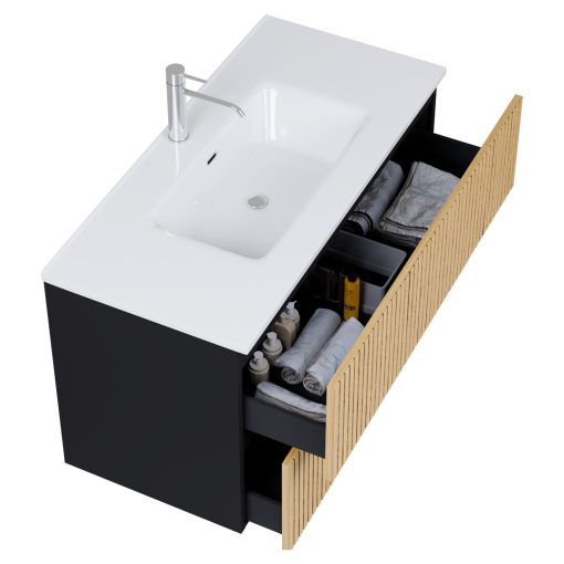 HD Parma Pro Matt Black 100 fali mosdószekrény, push-to-open mechanizmussal és fényes fehér slim mosdóval