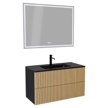 HD Parma Pro Matt Black 100 komplett fürdőszoba bútor fali push-to-open mosdószekrénnyel, matt fekete slim mosdóval és tükörrel