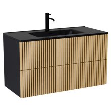 HD Parma Pro Matt Black 100 komplett fürdőszoba bútor fali push-to-open mosdószekrénnyel, matt fekete slim mosdóval és tükörrel