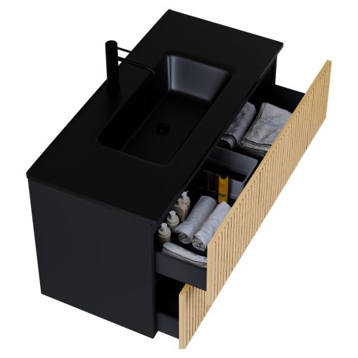 HD Parma Pro Matt Black 100 komplett fürdőszoba bútor fali push-to-open mosdószekrénnyel, matt fekete slim mosdóval és tükörrel