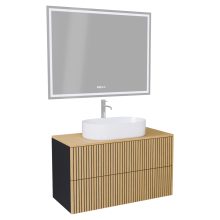 HD Palma Pro Black 100 komplett fürdőszoba bútor fali push-to-open mosdószekrénnyel, hikoridió színű mosdópulttal és tükörrel