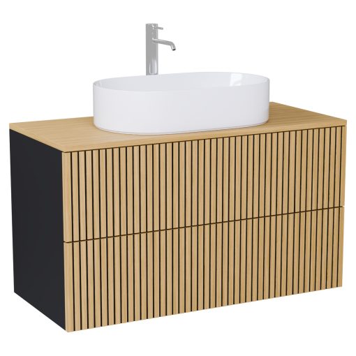 HD Palma Pro Black 100 komplett fürdőszoba bútor fali push-to-open mosdószekrénnyel, hikoridió színű mosdópulttal és tükörrel